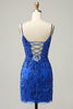 Load image into Gallery viewer, Bodycon Spaghetti Straps Black Sequins Short Homecoming Dress with Criss Cross Back