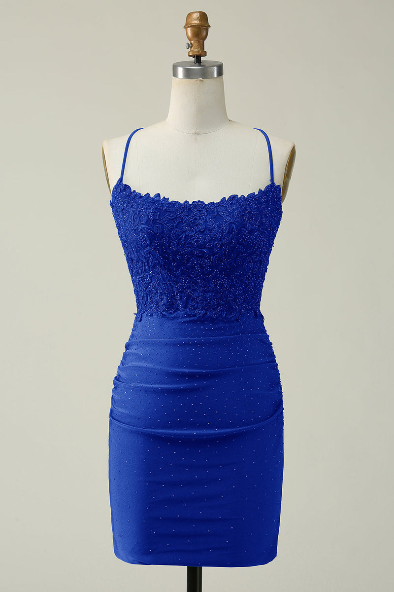 Load image into Gallery viewer, Sheath Spaghetti Straps Royal Blue Short Homecoming Dress with Appliques