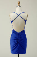 Load image into Gallery viewer, Sheath Spaghetti Straps Royal Blue Short Homecoming Dress with Appliques