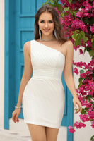 Load image into Gallery viewer, Sheath One Shoulder Black Short Homecoming Dress with Beading