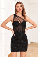 Load image into Gallery viewer, Sparkly Black Corset Sequins Tight Short Homecoming Dress