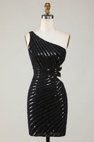 Load image into Gallery viewer, Sparkly Bodycon One Shoulder Black Sequins Short Homecoming Dress with Cut Out