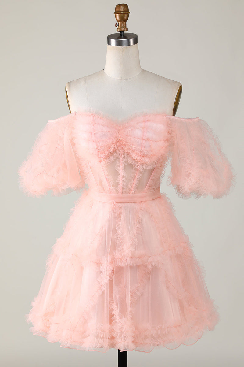Load image into Gallery viewer, Stylish A Line Off the Shoulder Fuchsia Tulle Corset Homecoming Dress