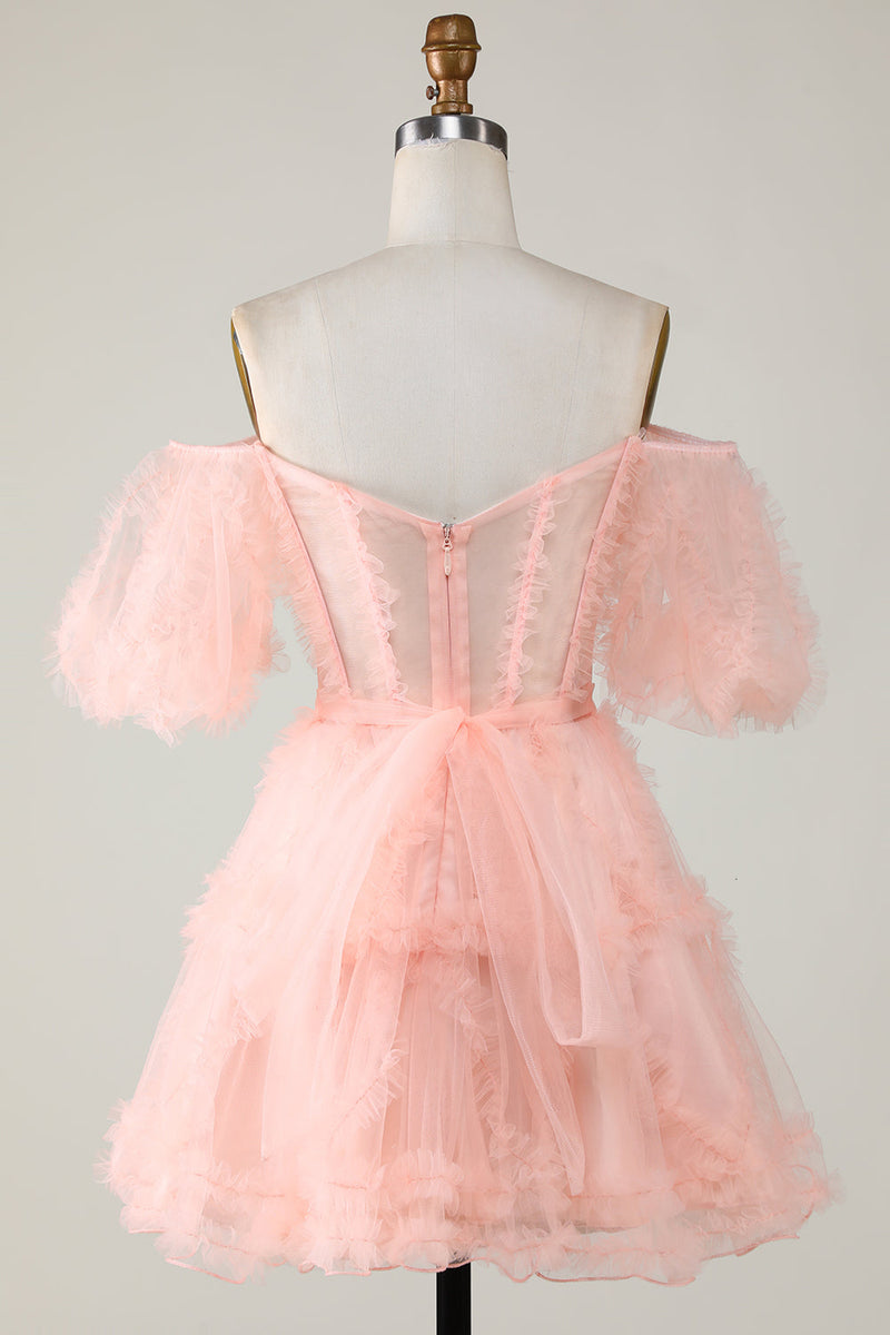 Load image into Gallery viewer, Stylish A Line Off the Shoulder Fuchsia Tulle Corset Homecoming Dress
