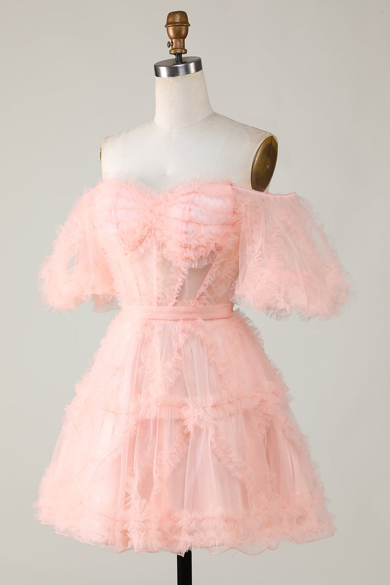 Load image into Gallery viewer, Stylish A Line Off the Shoulder Fuchsia Tulle Corset Homecoming Dress