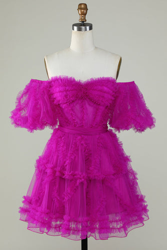 Stylish A Line Off the Shoulder Fuchsia Tulle Corset Homecoming Dress