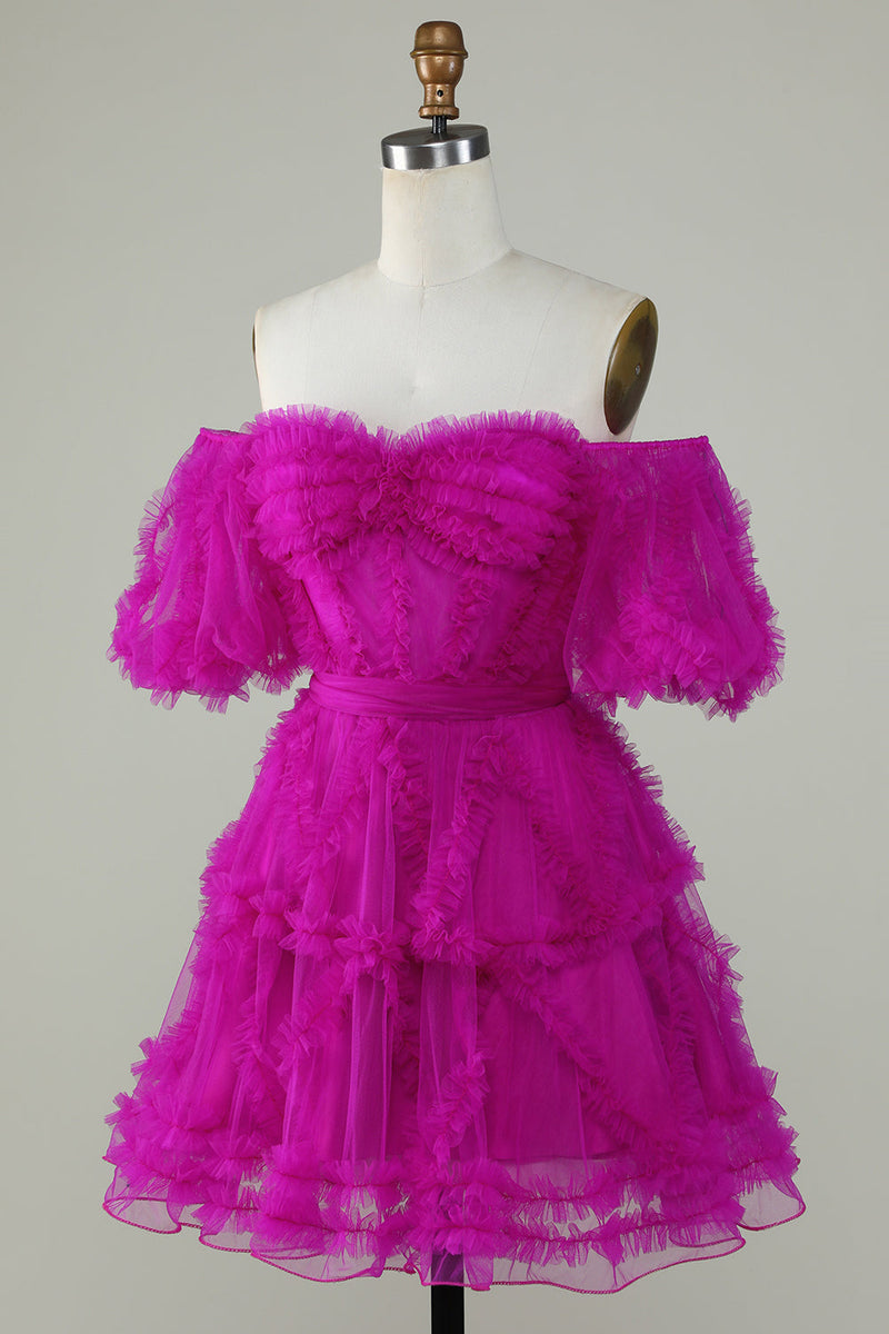 Load image into Gallery viewer, Stylish A Line Off the Shoulder Fuchsia Tulle Corset Homecoming Dress