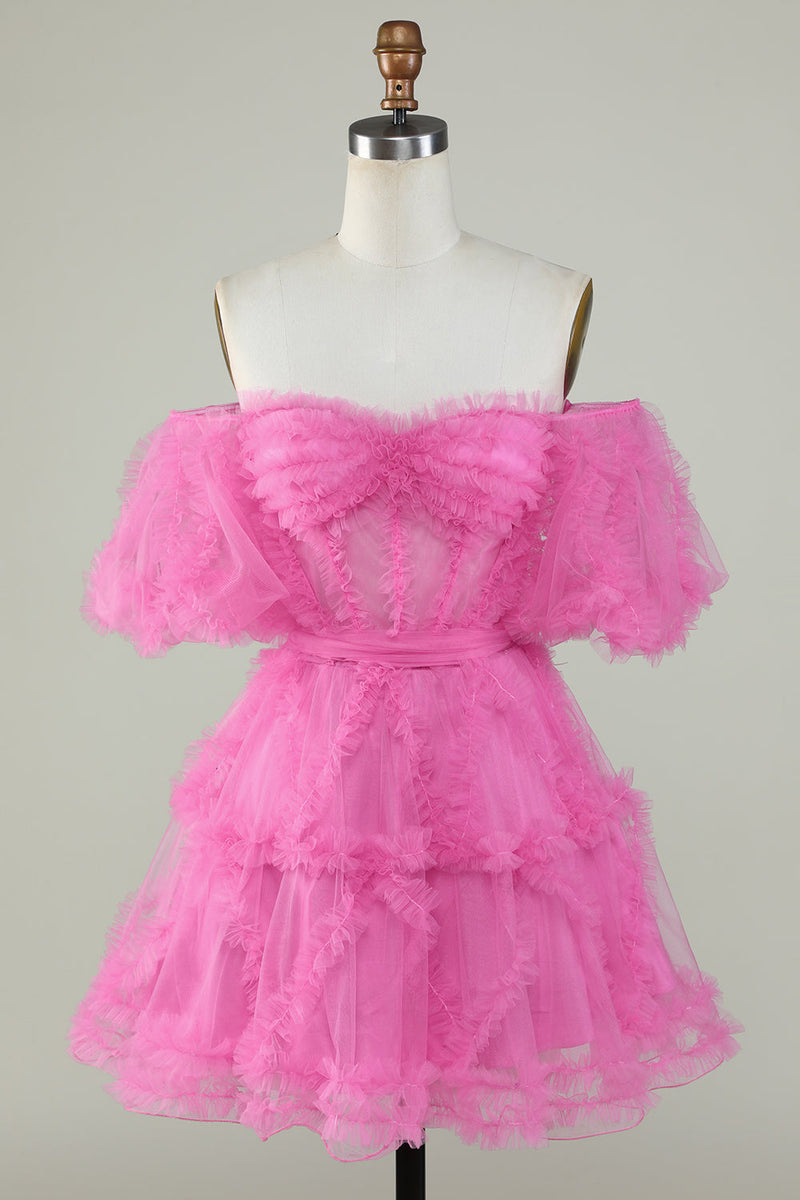 Load image into Gallery viewer, Stylish A Line Off the Shoulder Fuchsia Tulle Corset Homecoming Dress
