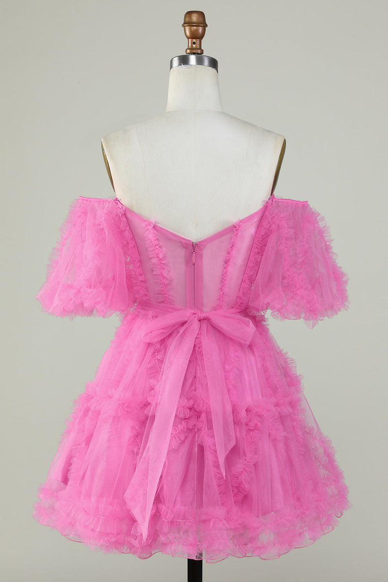 Load image into Gallery viewer, Stylish A Line Off the Shoulder Fuchsia Tulle Corset Homecoming Dress
