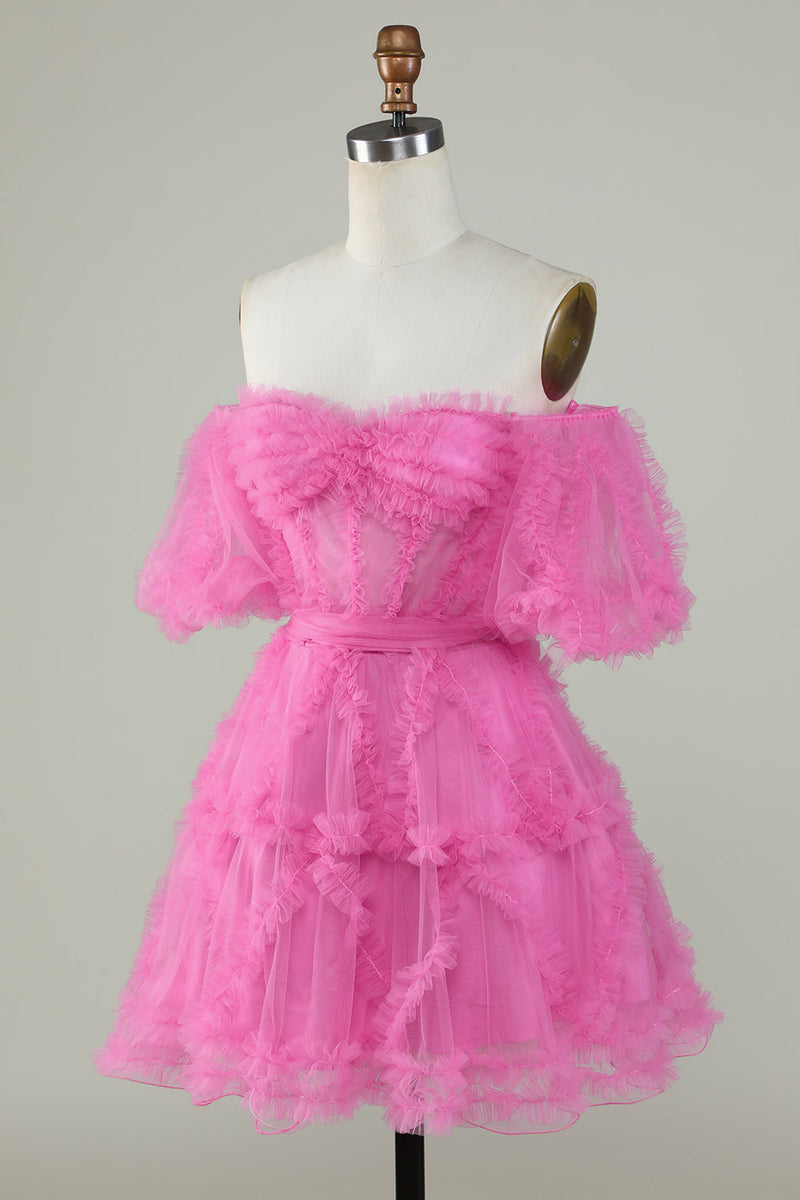 Load image into Gallery viewer, Stylish A Line Off the Shoulder Fuchsia Tulle Corset Homecoming Dress