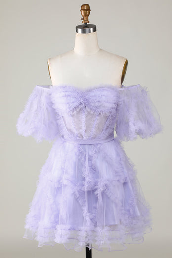 Stylish A Line Off the Shoulder Fuchsia Tulle Corset Homecoming Dress