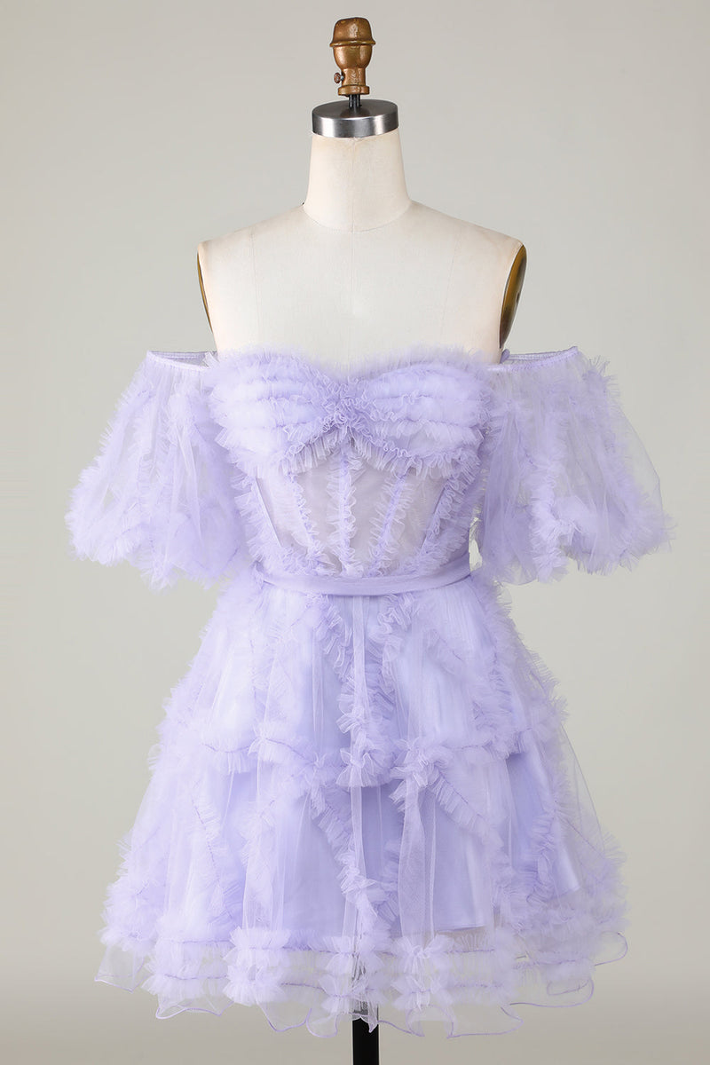Load image into Gallery viewer, Stylish A Line Off the Shoulder Fuchsia Tulle Corset Homecoming Dress