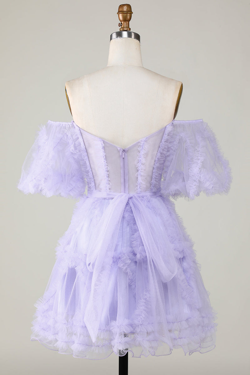 Load image into Gallery viewer, Stylish A Line Off the Shoulder Fuchsia Tulle Corset Homecoming Dress
