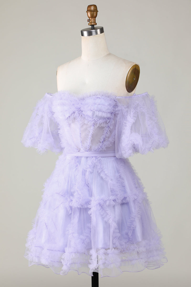 Load image into Gallery viewer, Stylish A Line Off the Shoulder Fuchsia Tulle Corset Homecoming Dress
