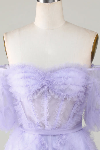Stylish A Line Off the Shoulder Fuchsia Tulle Corset Homecoming Dress