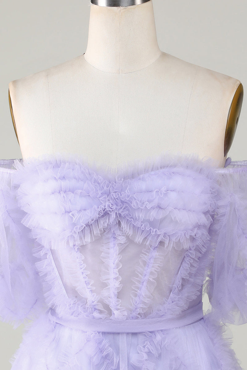 Load image into Gallery viewer, Stylish A Line Off the Shoulder Fuchsia Tulle Corset Homecoming Dress