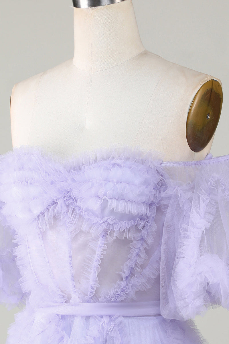 Load image into Gallery viewer, Stylish A Line Off the Shoulder Fuchsia Tulle Corset Homecoming Dress