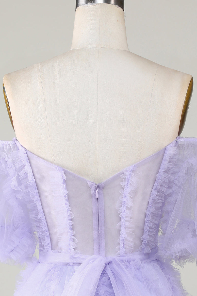 Load image into Gallery viewer, Stylish A Line Off the Shoulder Fuchsia Tulle Corset Homecoming Dress