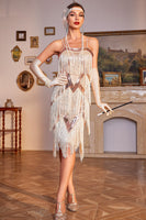 Load image into Gallery viewer, Queendancer Women Flapper Dress with Fringes Sparkly Champagne Spaghetti Straps Sequins 1920s Dress