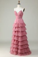 Load image into Gallery viewer, A Line Spaghetti Straps Layered Pink Tulle Prom Dress with Floral Printed