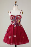 Load image into Gallery viewer, Gorgeous A Line Spaghetti Straps Burgundy Short Homecoming Dress with 3D Flowers