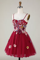 Load image into Gallery viewer, Gorgeous A Line Spaghetti Straps Burgundy Short Homecoming Dress with 3D Flowers