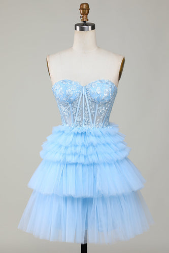 Cute A-Line Sweetheart Blue Corset Short Homecoming Dress with Ruffles