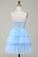 Load image into Gallery viewer, Cute A-Line Sweetheart Blue Corset Short Homecoming Dress with Ruffles