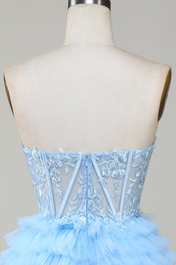 Cute A-Line Sweetheart Blue Corset Short Homecoming Dress with Ruffles