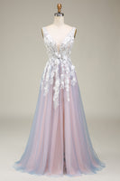 Load image into Gallery viewer, Gorgeous A Line Deep V Neck Grey Pink Long Prom Dress with Appliques