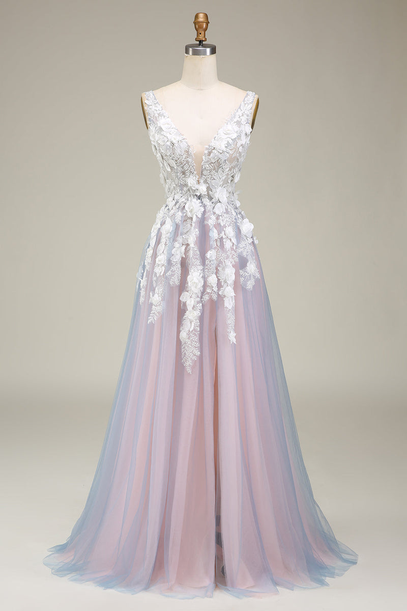 Load image into Gallery viewer, Gorgeous A Line Deep V Neck Grey Pink Long Prom Dress with Appliques