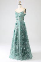 Load image into Gallery viewer, Glitter Grey Green Lace Flower Long Corset Prom Dress