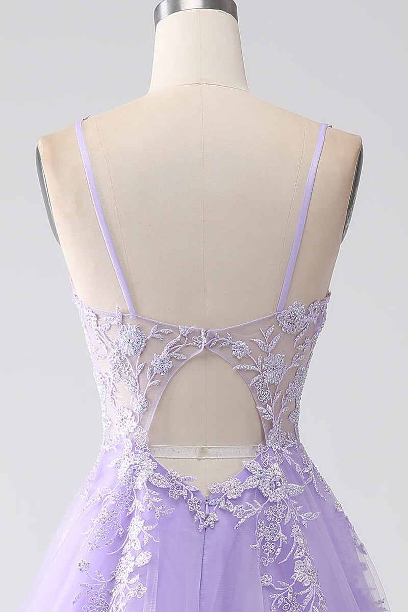 Load image into Gallery viewer, Lilac A-Line Spaghetti Straps Tulle Long Prom Dress with Appliques