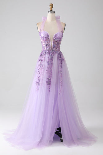 Grey Purple A-Line Halter Neck Beaded Long Prom Dress