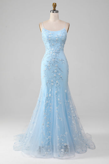 Mermiad Blush Spaghetti Straps Prom Dress with Appliques