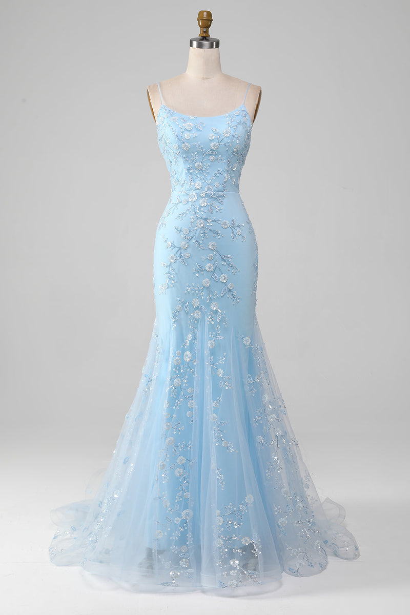 Load image into Gallery viewer, Mermiad Blush Spaghetti Straps Prom Dress with Appliques