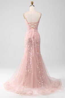 Mermiad Blush Spaghetti Straps Prom Dress with Appliques