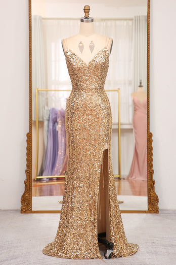 Sparkly Golden Sequins Mermaid Long Prom Dress With Slit