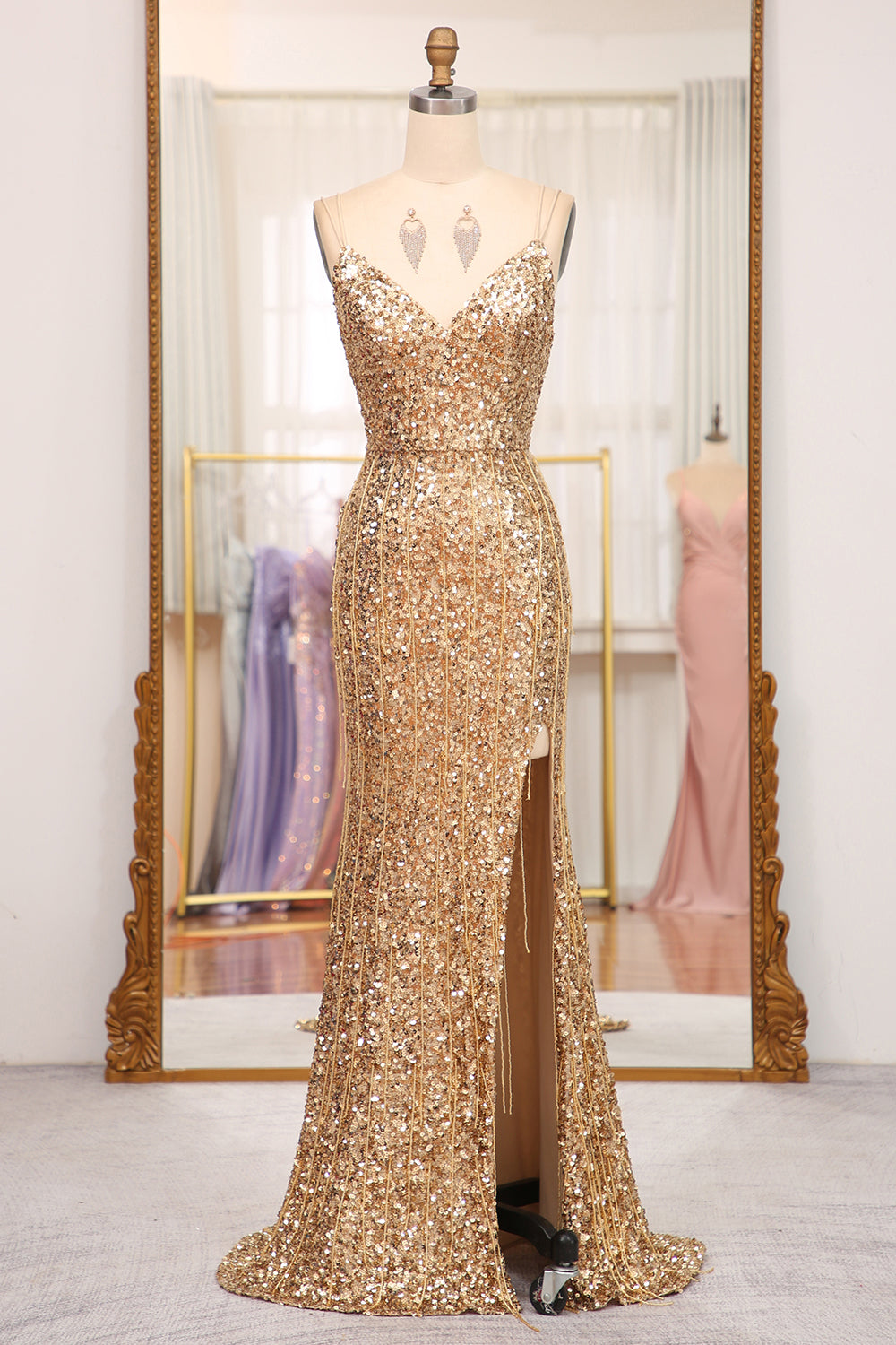 Sparkly Golden Sequins Mermaid Long Prom Dress With Slit