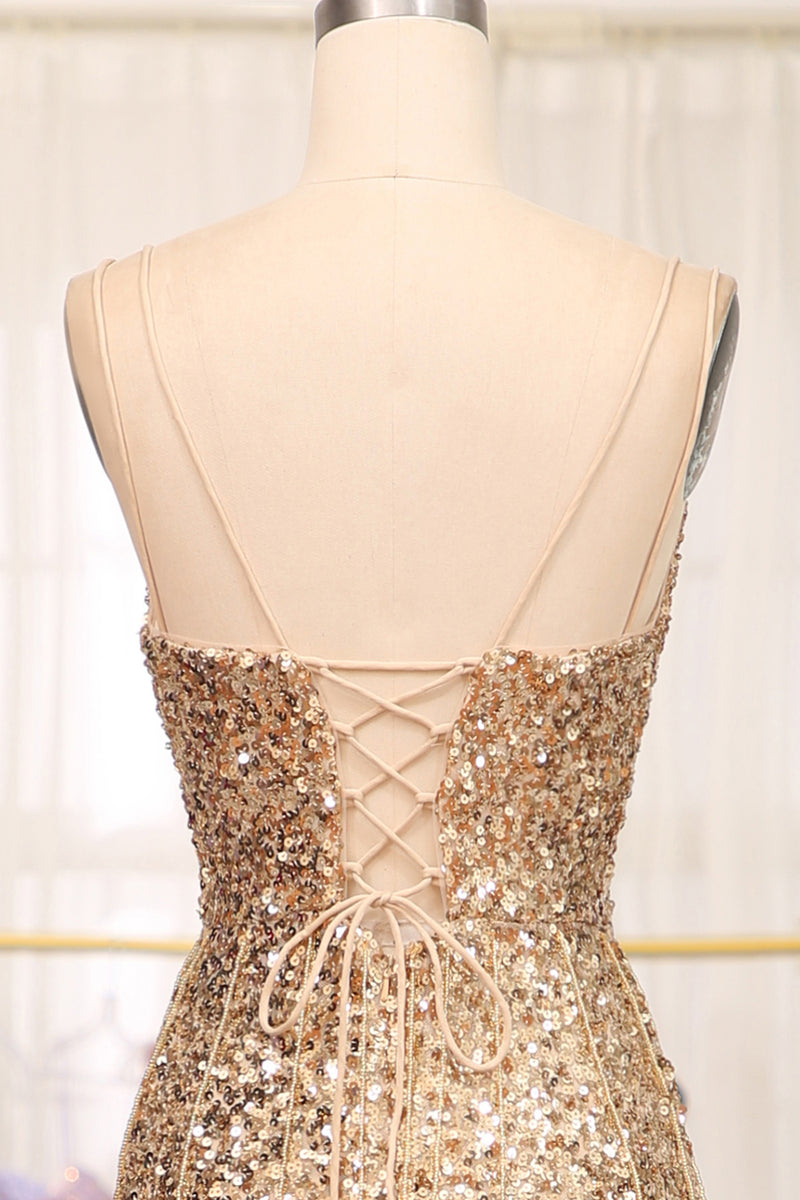 Load image into Gallery viewer, Sparkly Golden Sequins Mermaid Long Prom Dress With Slit