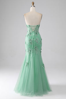 Green Mermaid Strapless Tulle Long Prom Dress with Appliques