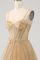 Load image into Gallery viewer, Glitter Golden Corset Long Prom Dress with Flowers