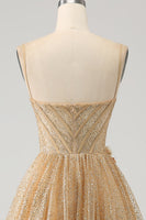 Load image into Gallery viewer, Glitter Golden Corset Long Prom Dress with Flowers