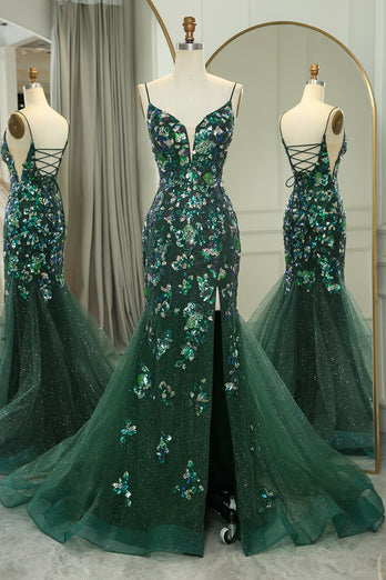 Sparkly Dark Green Mermaid Long Appliqued Prom Dress With Slit