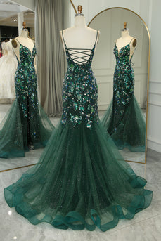 Sparkly Dark Green Mermaid Long Appliqued Prom Dress With Slit