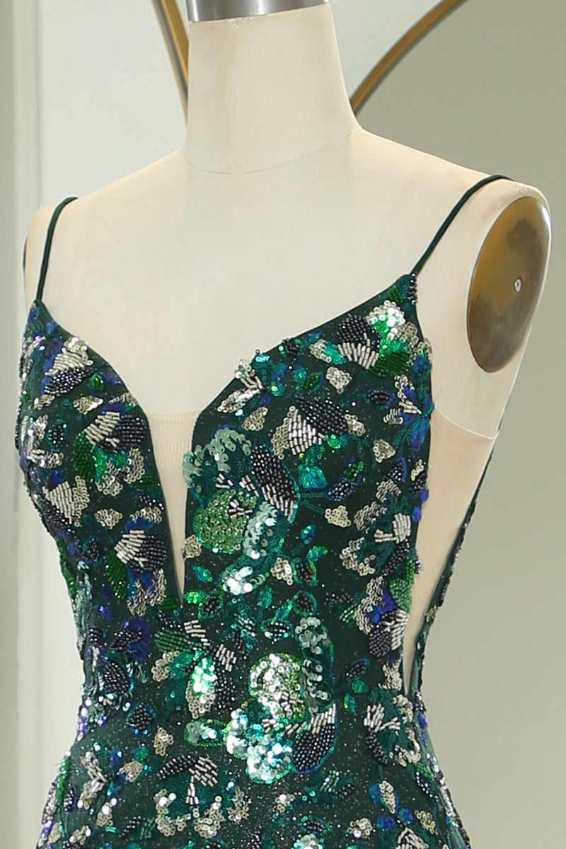 Load image into Gallery viewer, Sparkly Dark Green Mermaid Long Appliqued Prom Dress With Slit