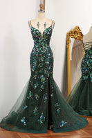 Load image into Gallery viewer, Glitter Dark Green Mermaid Appliqued Long Prom Dress With Slit