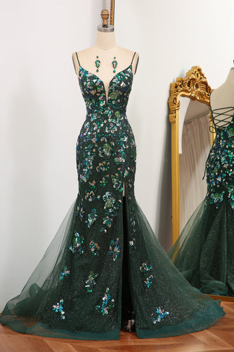 Glitter Dark Green Mermaid Appliqued Long Prom Dress With Slit