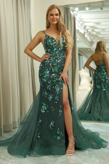 Dark Green Mermaid Spaghetti Straps Appliqued Long Prom Dress With Slit