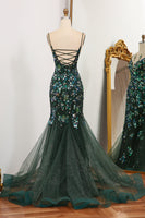 Load image into Gallery viewer, Glitter Dark Green Mermaid Appliqued Long Prom Dress With Slit